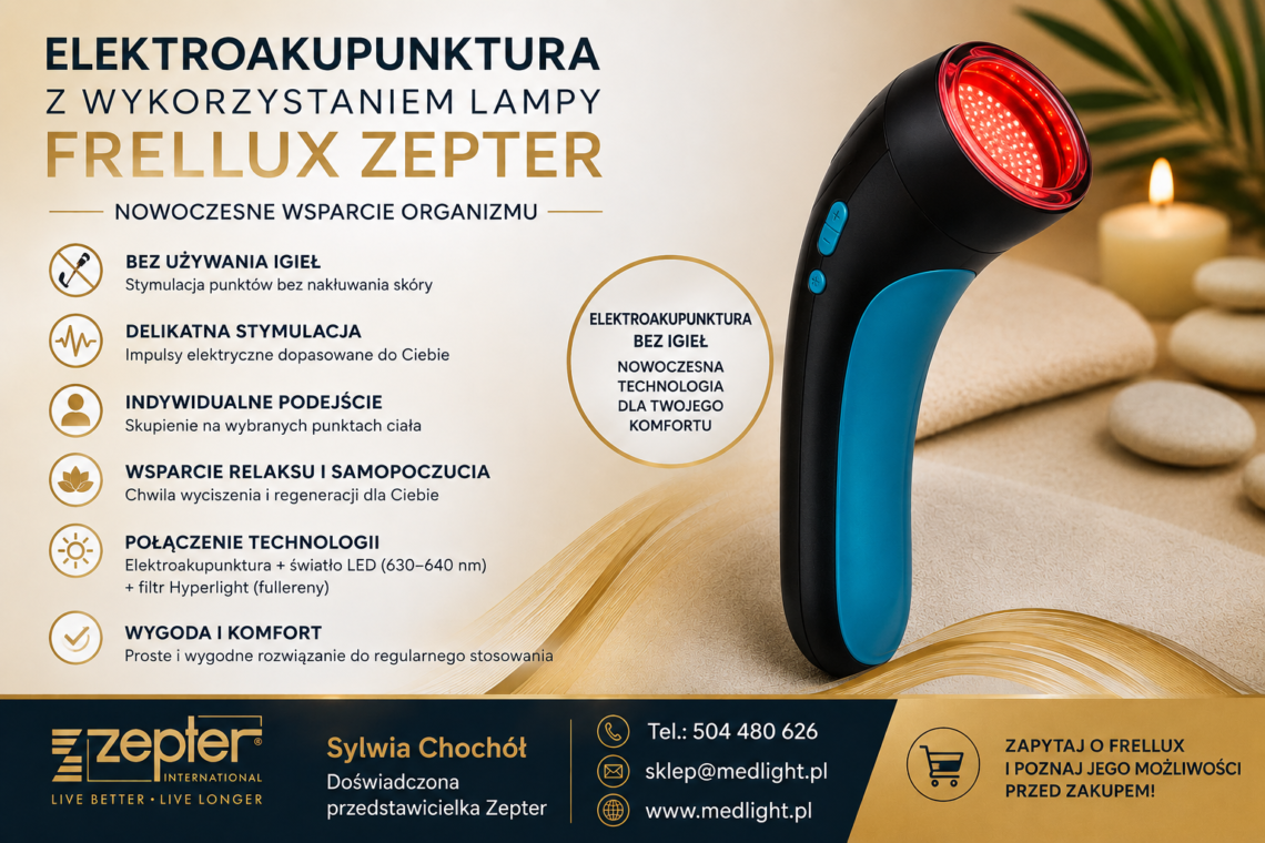 Elektroakupunktura z wykorzystaniem lampy Frellux Zepter – nowoczesne wsparcie organizmu Elektroakupunktura – na czym polega? Elektroakupunktura to nowoczesna metoda wykorzystująca delikatne impulsy elektryczne do stymulacji określonych punktów na powierzchni ciała. Łączy założenia tradycyjnej akupunktury z działaniem bodźca elektrycznego, dzięki czemu może stanowić interesujące uzupełnienie codziennej troski o dobre samopoczucie i regenerację organizmu. W praktyce elektroakupunktura skupia się na odpowiedniej stymulacji wybranych punktów. Jej zwolennicy doceniają przede wszystkim możliwość prowadzenia zabiegów bez stosowania igieł oraz możliwość dopasowania intensywności bodźca do indywidualnego komfortu. Frellux Zepter – połączenie kilku technologii Lampa Frellux Zepter to wielofunkcyjne urządzenie wykorzystujące kilka technologii. Jedną z jego funkcji jest elektroakupunktura, która pozwala na stymulację wybranych punktów ciała za pomocą impulsów elektrycznych. #Frellux wykorzystuje również światło #LED, w tym światło czerwone o długości fali około 630–640 nm, oraz filtr Hyperlight związany z technologią fullerenu. Dzięki temu urządzenie może być wykorzystywane w ramach różnych form wspierania regeneracji i pielęgnacji. Najważniejsze zalety elektroakupunktury 1. Bez używania igieł Jedną z największych zalet elektroakupunktury jest możliwość stymulowania punktów bez konieczności nakłuwania skóry. Dla osób, które obawiają się igieł lub nie przepadają za tradycyjną akupunkturą, może to być szczególnie interesujące rozwiązanie. 2. Delikatna stymulacja punktów Elektroakupunktura wykorzystuje odpowiednio dobrane impulsy elektryczne. Ich intensywność można dostosować do indywidualnego komfortu użytkownika. 3. Indywidualne podejście Każdy organizm jest inny. Elektroakupunktura pozwala skoncentrować stymulację na wybranych punktach zgodnie z określonym sposobem stosowania urządzenia. 4. Wsparcie relaksu i dobrego samopoczucia #Stymulacja punktów ciała może być elementem zabiegów ukierunkowanych na odprężenie i poprawę komfortu. Dla wielu osób jest również chwilą wyciszenia i odpoczynku. 5. Bez konieczności stosowania igieł Brak igieł oznacza brak konieczności wykonywania nakłuć skóry. Jest to wygodne rozwiązanie dla osób preferujących bezigłowe formy stymulacji. 6. Połączenie elektroakupunktury ze światłem LED Dużą zaletą Frellux jest jego wielofunkcyjność. Urządzenie łączy możliwość wykorzystania elektroakupunktury z funkcją światła LED, co pozwala korzystać z różnych technologii w jednym urządzeniu. 7. Wygodne rozwiązanie do regularnego stosowania Frellux został zaprojektowany z myślą o wygodnym użytkowaniu. Regularność oraz prawidłowe stosowanie zgodnie z instrukcją producenta są ważnymi elementami każdej rutyny związanej z relaksem i regeneracją. Elektroakupunktura a codzienna troska o organizm Współczesny styl życia często oznacza stres, wielogodzinną pracę przy komputerze, niewystarczającą ilość odpoczynku i przeciążenie organizmu. Dlatego coraz więcej osób poszukuje rozwiązań, które mogą stać się elementem codziennej rutyny relaksacyjnej. Elektroakupunktura z wykorzystaniem Frellux może być jednym z takich rozwiązań. Urządzenie należy jednak stosować zgodnie z instrukcją producenta. Elektroakupunktura nie powinna być traktowana jako zamiennik diagnostyki, leczenia ani konsultacji z lekarzem. ⭐ Chcesz poznać Frellux Zepter? Jeżeli zainteresowały Cię możliwości lampy Frellux Zepter i szukasz sprawdzonego źródła zakupu, zapraszam do kontaktu ze mną. Sylwia Chochół – doświadczona przedstawicielka Zepter Od lat pomagam klientom dobrać odpowiednie produkty oraz wyjaśniam zasady ich prawidłowego użytkowania. Przy zakupie możesz liczyć nie tylko na sam produkt, ale również na indywidualne doradztwo i pomoc po zakupie. 📞 Skontaktuj się ze mną Sylwia Chochół 📱 Tel.: 504 480 626 📧 sklep@medlight.pl 🌐 www.medlight.pl 👉 Zapytaj o Frellux Zepter i poznaj jego możliwości przed zakupem. Jeżeli nie wiesz, czy Frellux będzie odpowiednim rozwiązaniem dla Ciebie, skontaktuj się ze mną. Chętnie odpowiem na pytania dotyczące urządzenia, jego funkcji oraz sposobu użytkowania. Postaw na świadomy zakup, fachowe informacje i opiekę doświadczonego przedstawiciela. Podsumowanie #Elektroakupunktura z wykorzystaniem lampy Frellux Zepter to połączenie tradycyjnej koncepcji pracy z punktami akupunkturowymi z nowoczesną technologią impulsów elektrycznych. Do najważniejszych zalet można zaliczyć brak igieł, możliwość delikatnej stymulacji wybranych punktów, indywidualne dopasowanie oraz połączenie elektroakupunktury z innymi funkcjami urządzenia. Chcesz dowiedzieć się więcej lub kupić Frellux Zepter? 📱 Sylwia Chochół – 504 480 626 📧 sklep@medlight.pl 🌐 medlight.pl